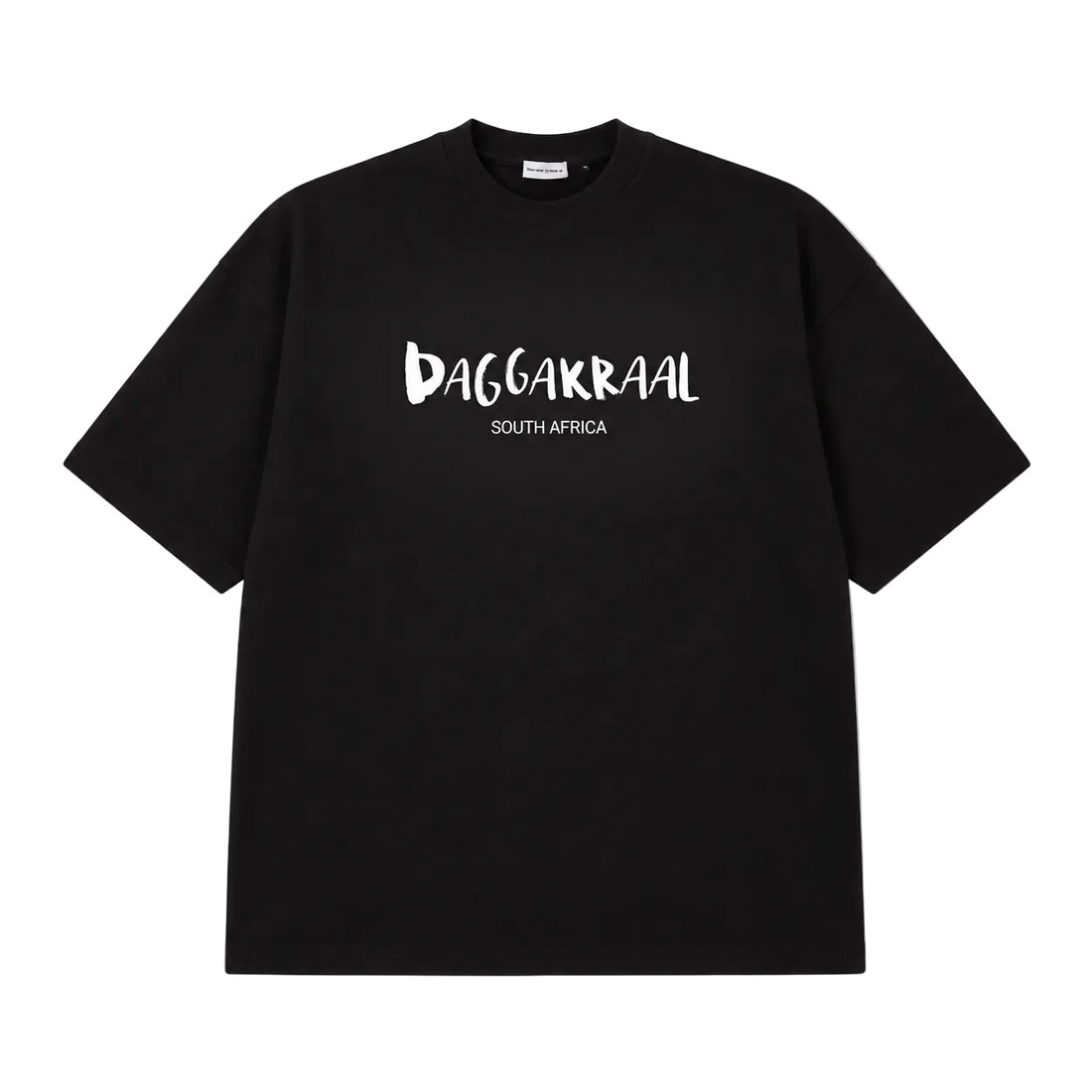 A black short-sleeve crewneck t-shirt with 'DAGGAKRAAL SOUTH AFRICA' printed in white across the chest, displayed flat against a white background.