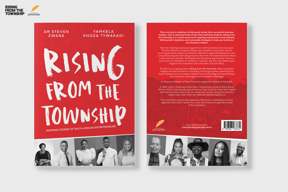Front and back book covers for 'Rising From The Township' by Dr Steven Zwane and Yamkela Khoza Tiyakadi, displayed side-by-side on a light gray background.