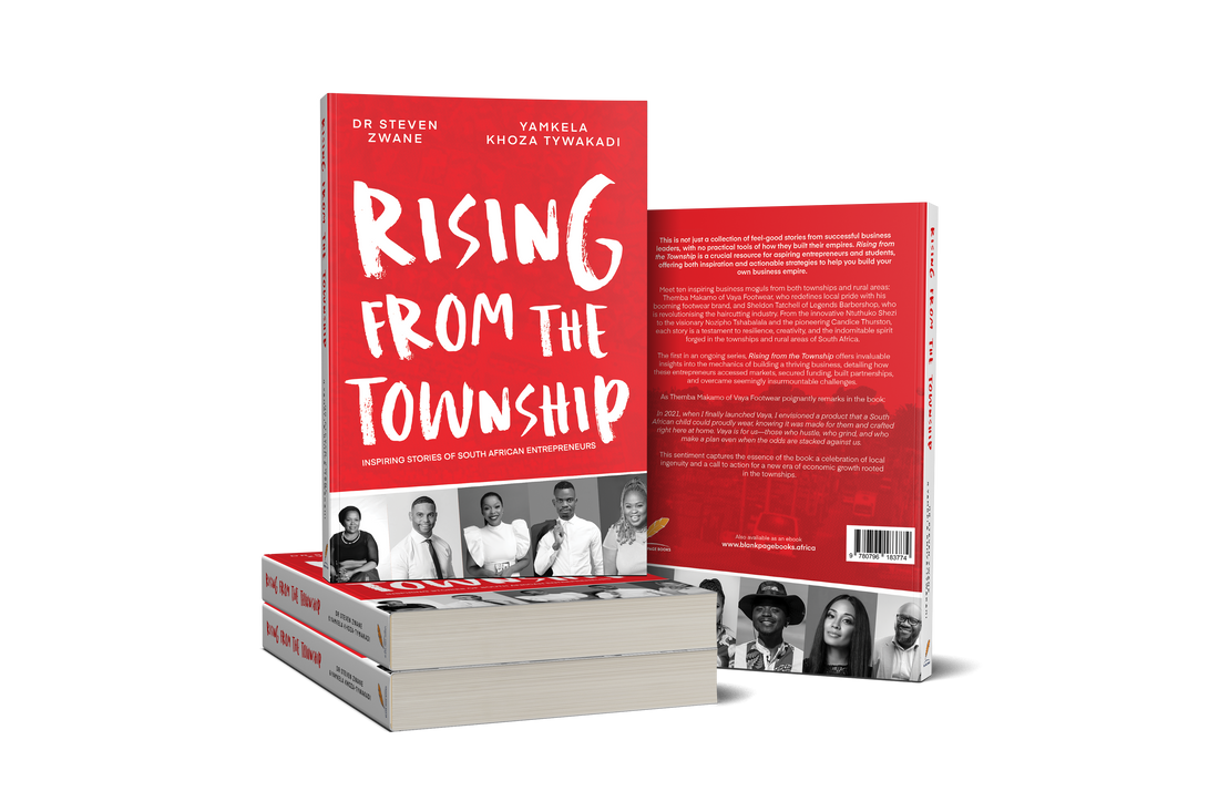 Three copies of the book 'Rising From the Township' by Steven Ezwale and Kamelia Khoza Twikwado, showing the front cover, back cover, and spine on a white background.