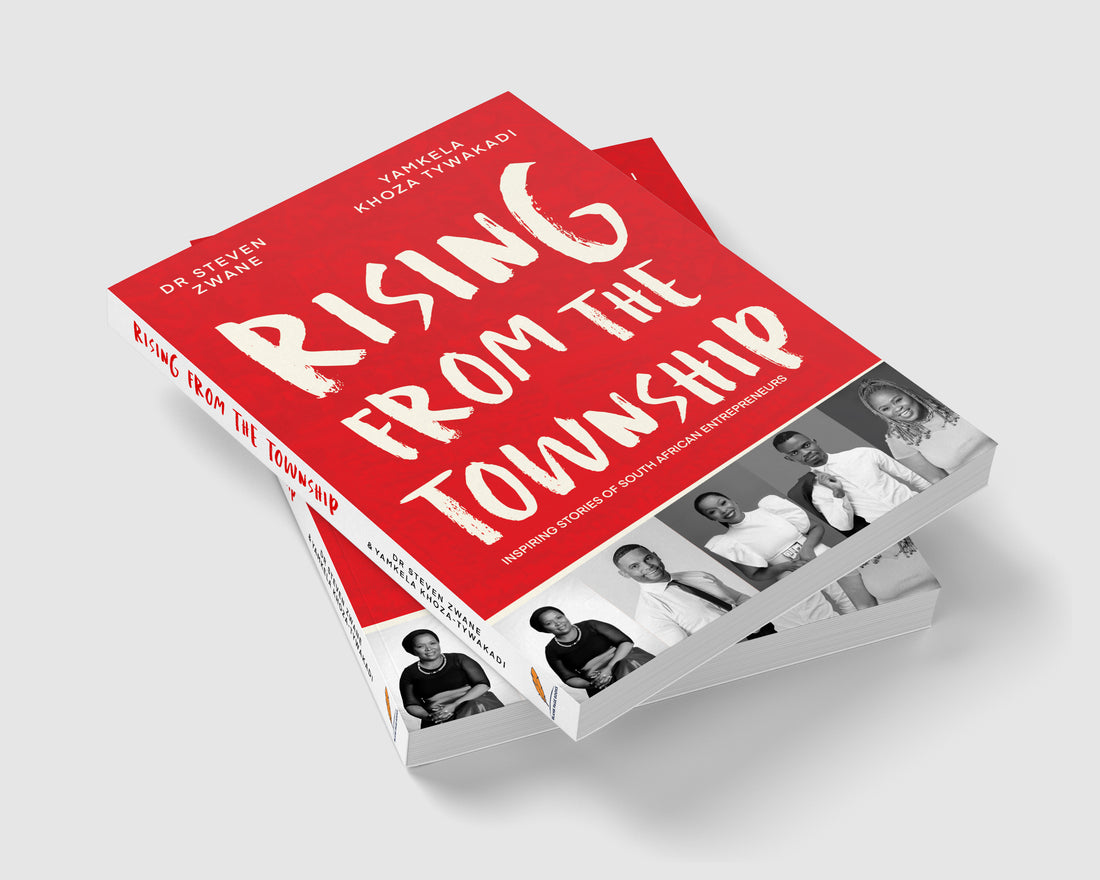 Three copies of the book 'Rising From the Township' by De Steven Zwair and Vaniera Amiri Twumadi, stacked diagonally on a light gray background.