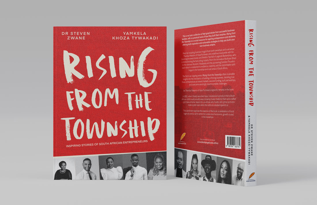Book cover and spine shown on a light gray studio background. The product is a book titled "Rising From The Township" with a bold red cover, large white title text, smaller white author names, a band of black-and-white portraits along the bottom, and a red spine.